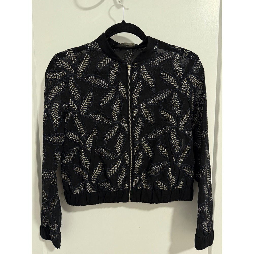 Zara Basic Collection Bomber Jacket Black Leaf‎ P… - image 7